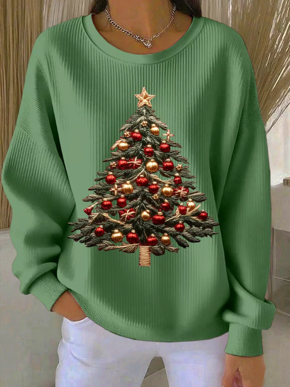 Cotton Christmas Tree Crew Neck Casual Sweatshirt