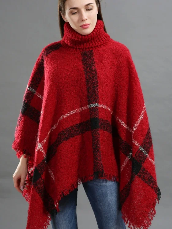 Casual Acrylic New High Collar Warm Large Size Loose Plain Shawl Cloak Plaid Warm Scarf Tassel One Size Cloak