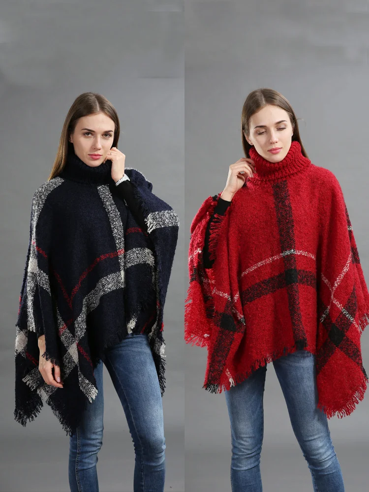 Casual Acrylic New High Collar Warm Large Size Loose Plain Shawl Cloak Plaid Warm Scarf Tassel One Size Cloak