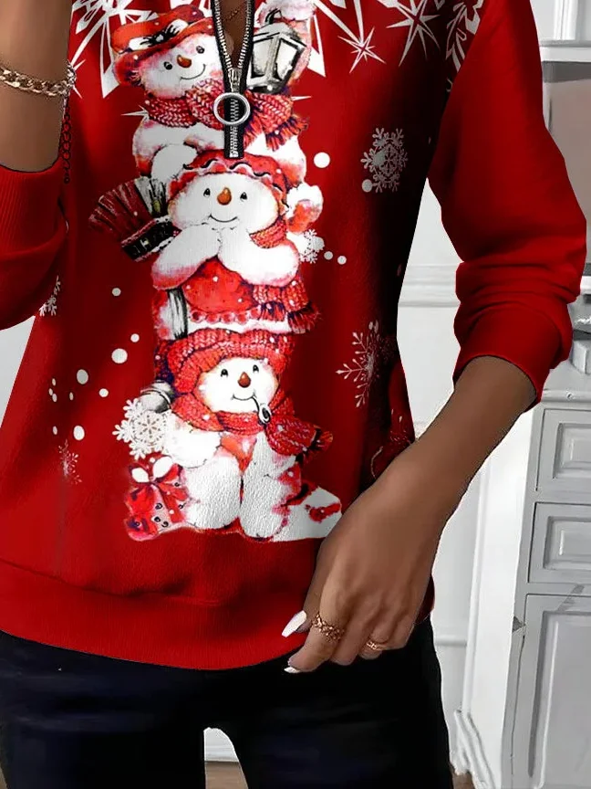Women's Christmas Print Casual Zipper Long Sleeve Sweatshirt