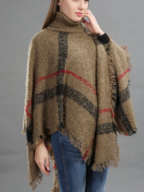 Casual Acrylic New High Collar Warm Large Size Loose Plain Shawl Cloak Plaid Warm Scarf Tassel One Size Cloak