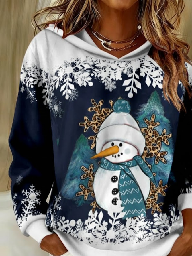 Casual Cotton Christmas Snowman Printing Hoodie
