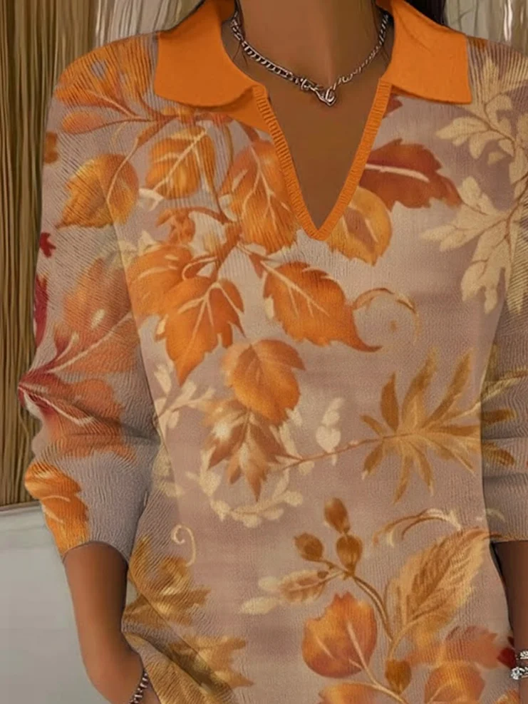 Women's Classic Casual Maple Leaf Print Lapel Sweater