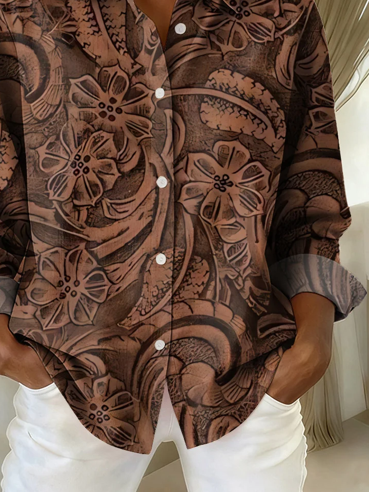 Women's Long Sleeve Shirt Spring/Fall Brown Floral Buckle Shirt Collar Regular Sleeve Daily Going Out Casual Top