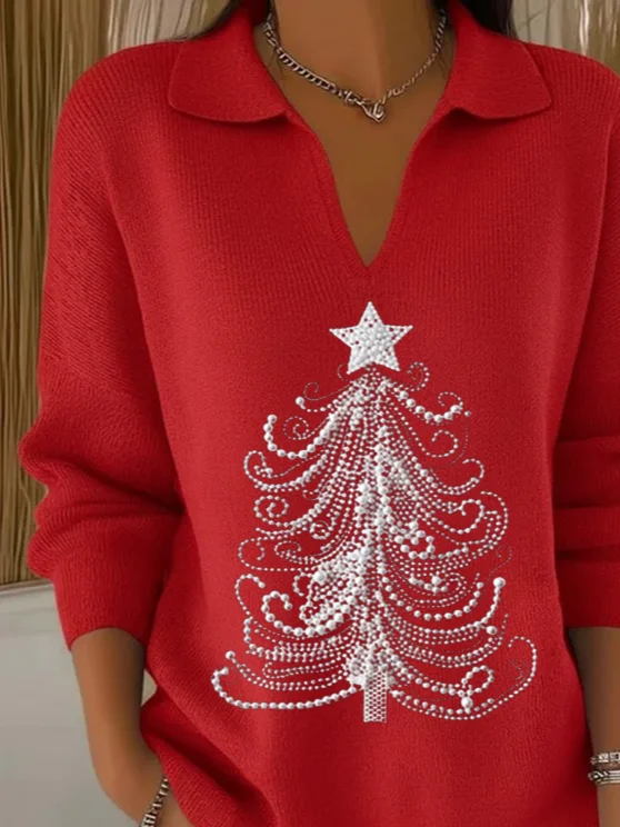 Women's Classic Casual Christmas Print Lapel Sweater