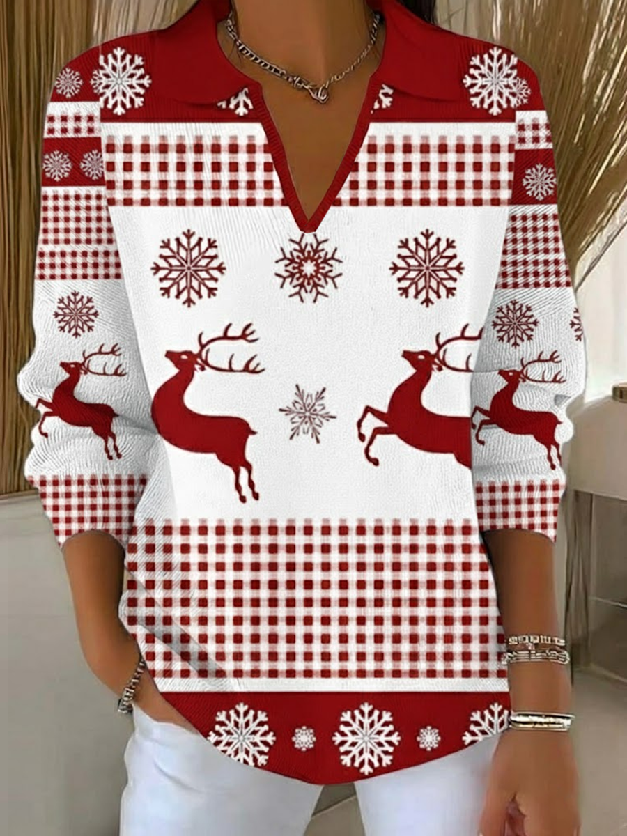 Women's Classic Casual Christmas Print Lapel Sweater