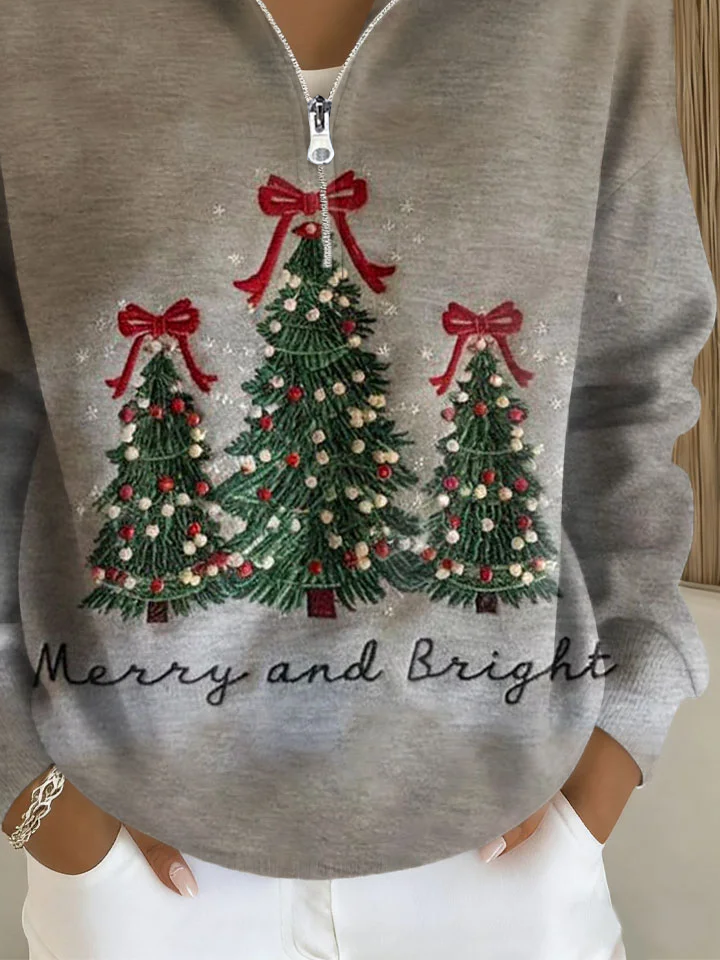 Shawl Collar Casual Christmas Zipper Sweatshirt
