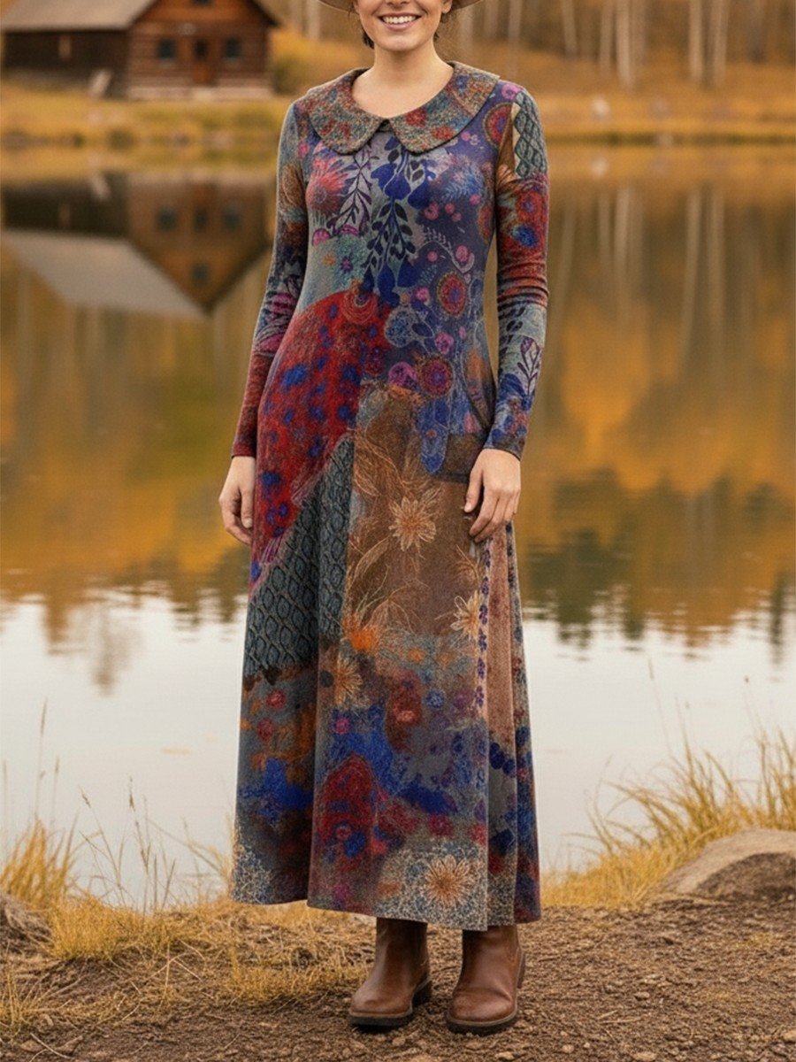 Cotton-Blend Shawl Collar Loose Simple Dress With No