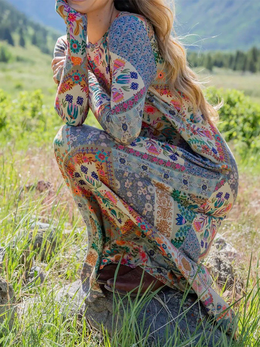 Loose Crew Neck Ethnic Multicolor Block Dress With No