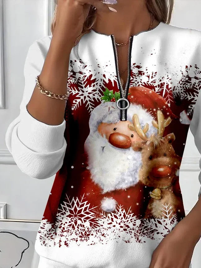 Women's Christmas Print Casual Zipper Long Sleeve Sweatshirt