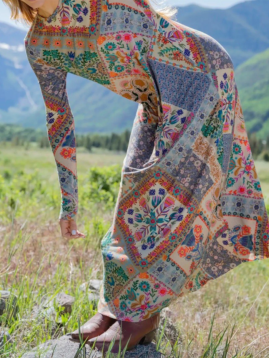 Loose Crew Neck Ethnic Multicolor Block Dress With No