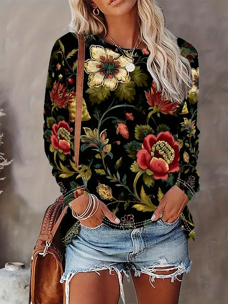 Women's Long Sleeve T-shirt Spring/Fall Black Floral Printing Jersey Crew Neck Daily Going Out Casual Top