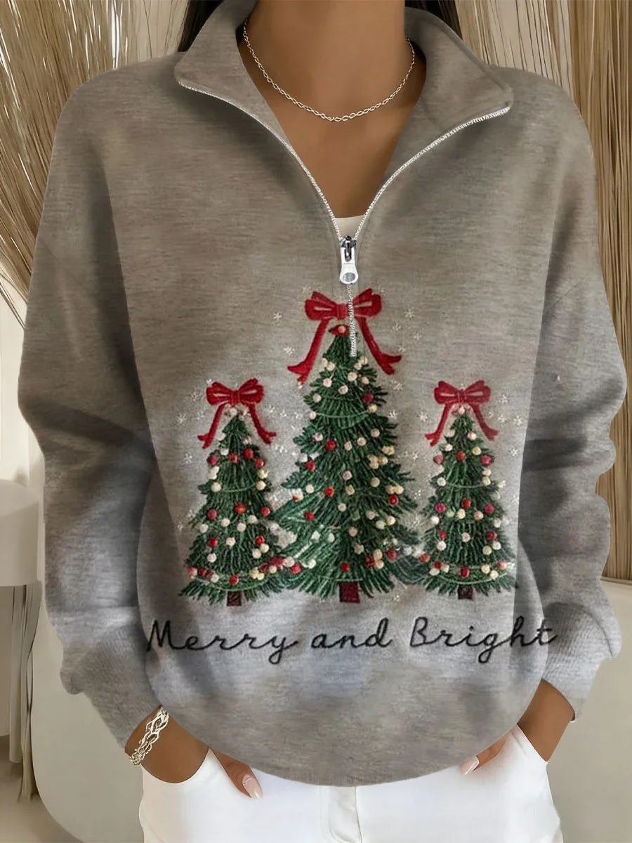 Shawl Collar Casual Christmas Zipper Sweatshirt