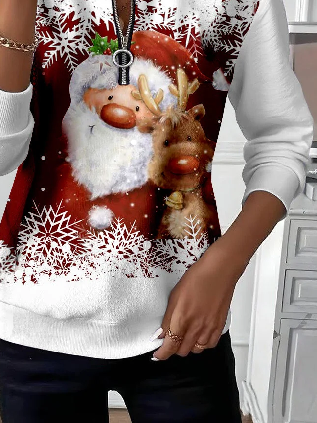 Women's Christmas Print Casual Zipper Long Sleeve Sweatshirt