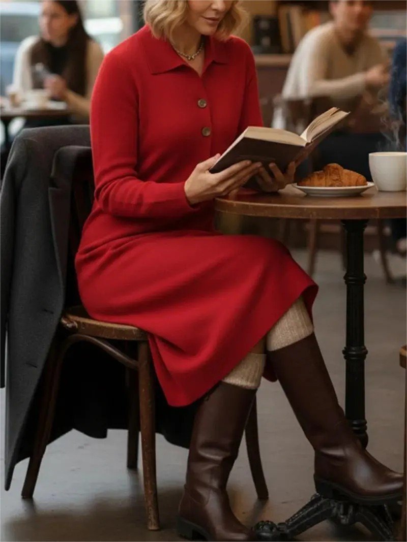 Shawl Collar Casual Plain Loose Sweater Dress With No