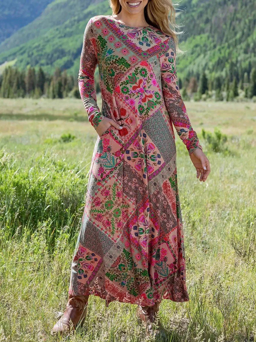 Loose Crew Neck Ethnic Multicolor Block Dress With No