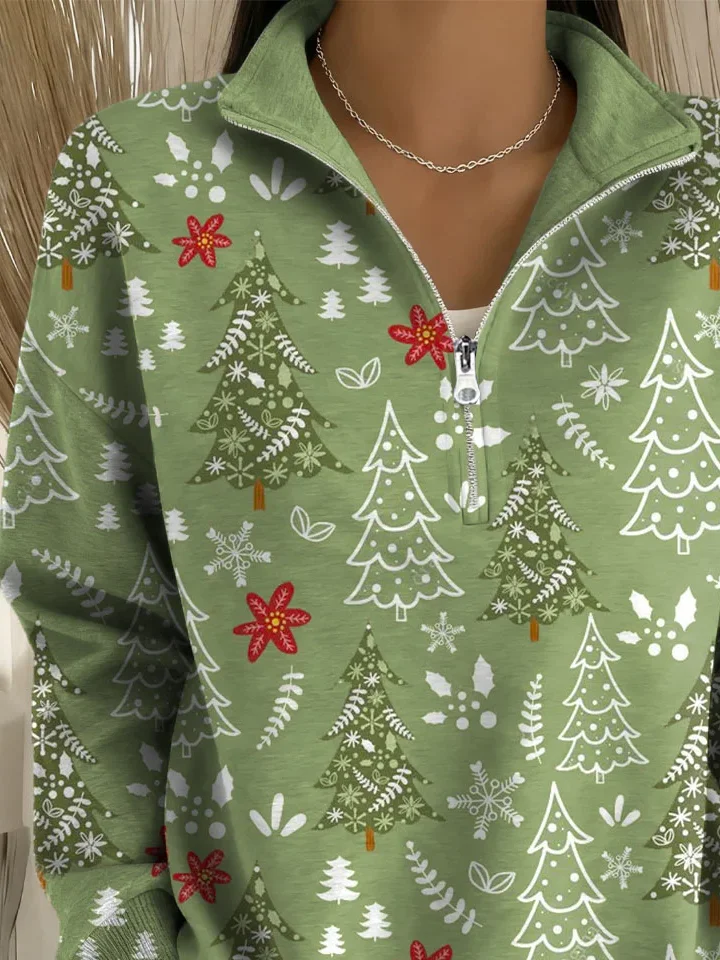 Shawl Collar Zipper Christmas Tree Casual Sweatshirt