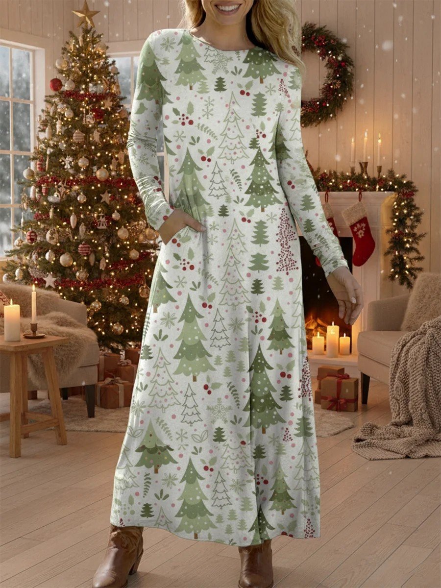 Loose Casual Crew Neck Christmas Dress With No