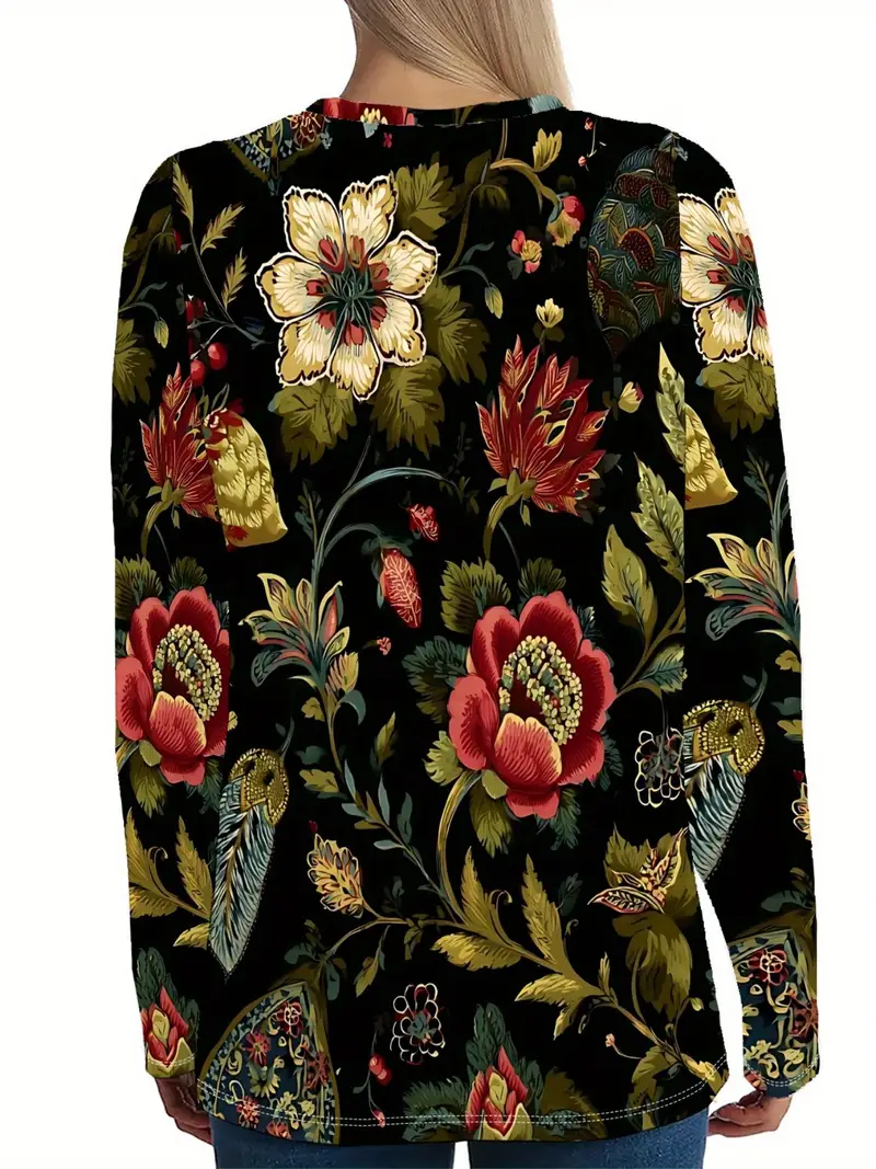 Women's Long Sleeve T-shirt Spring/Fall Black Floral Printing Jersey Crew Neck Daily Going Out Casual Top