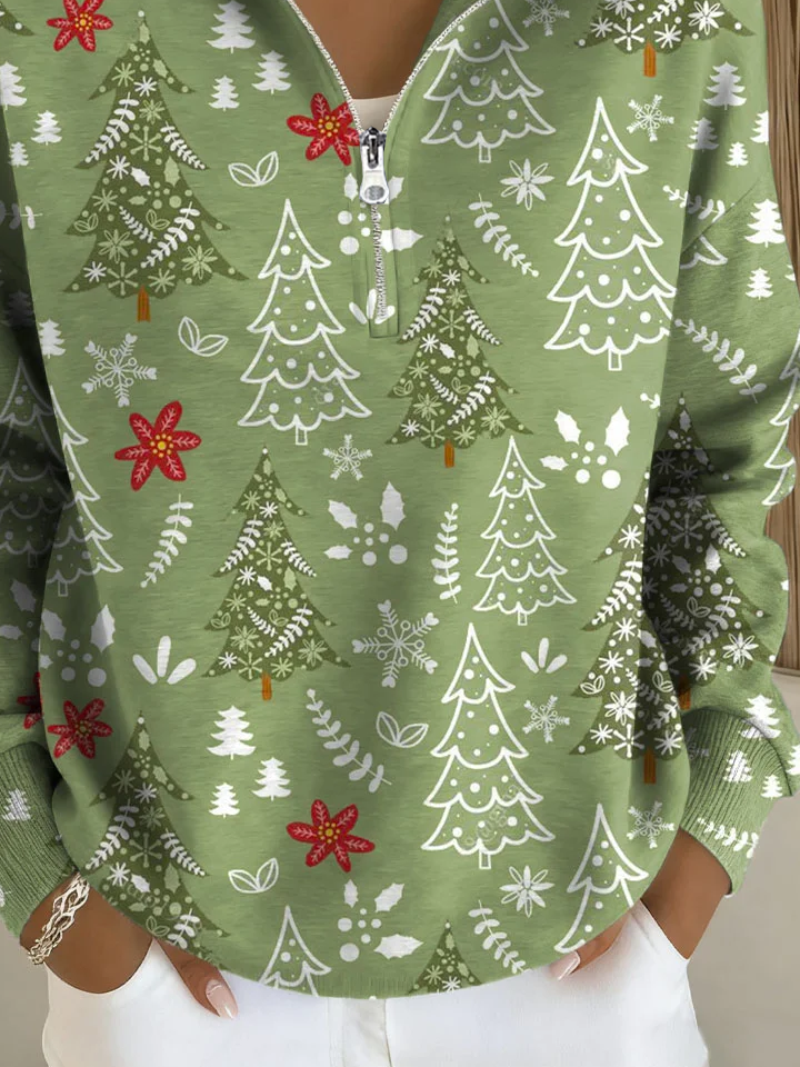 Shawl Collar Zipper Christmas Tree Casual Sweatshirt