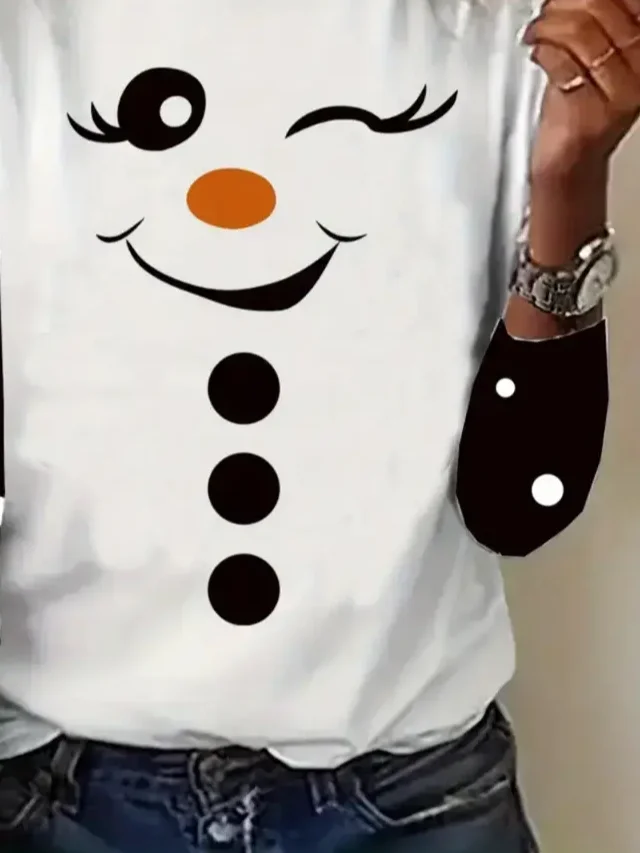 Women's Long Sleeve T-shirt Spring/Fall White Christmas Snowman Printing Jersey Crew Neck Daily Going Out Casual Top