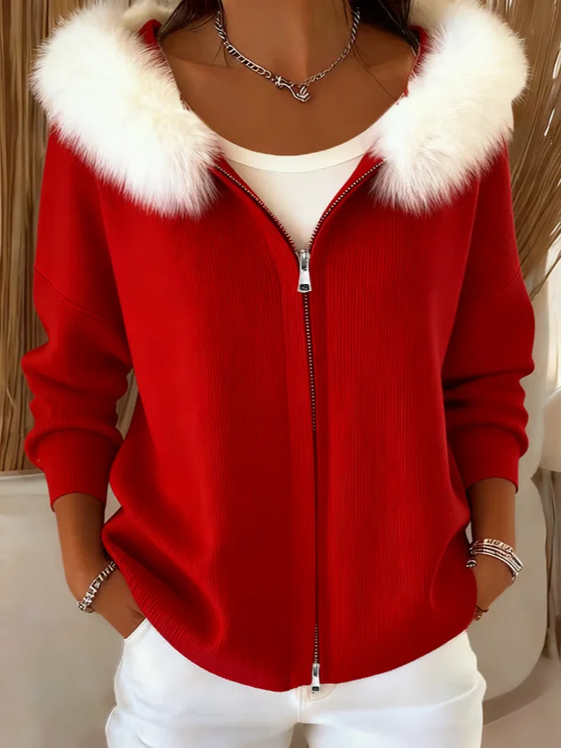 Women's Christmas Classic Fur Collar Zip Hoodie
