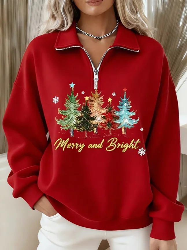Shawl Collar Zipper Christmas Tree Casual Sweatshirt