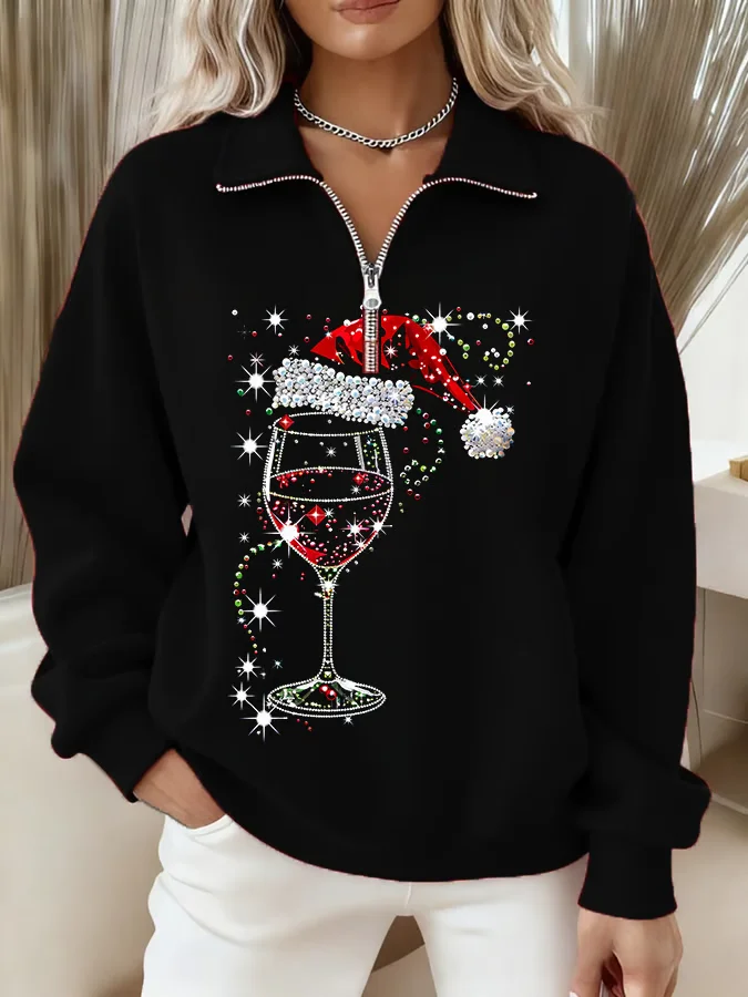 Regular Fit Zipper Christmas Wine Glass Casual Sweatshirt