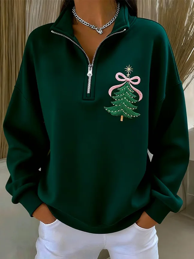 Zipper Casual Christmas Tree Sweatshirt