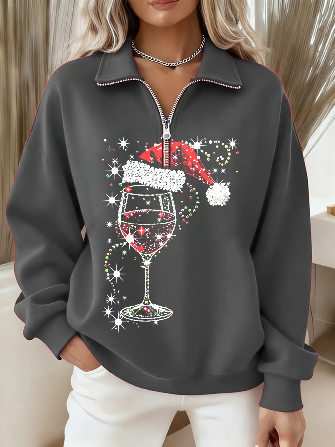 Regular Fit Zipper Christmas Wine Glass Casual Sweatshirt