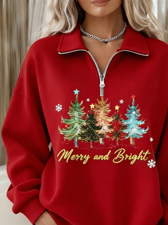 Shawl Collar Zipper Christmas Tree Casual Sweatshirt