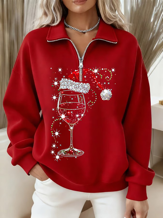 Regular Fit Zipper Christmas Wine Glass Casual Sweatshirt