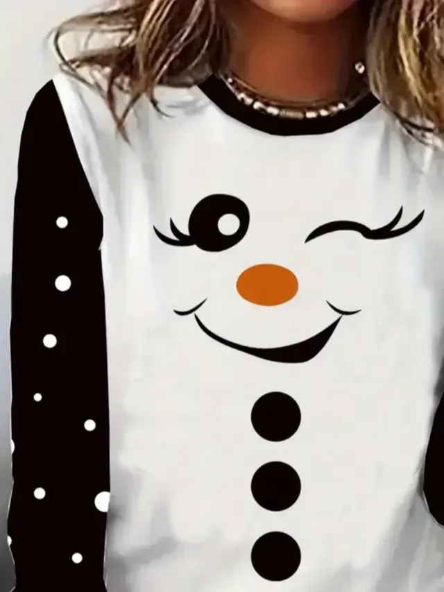 Women's Long Sleeve T-shirt Spring/Fall White Christmas Snowman Printing Jersey Crew Neck Daily Going Out Casual Top