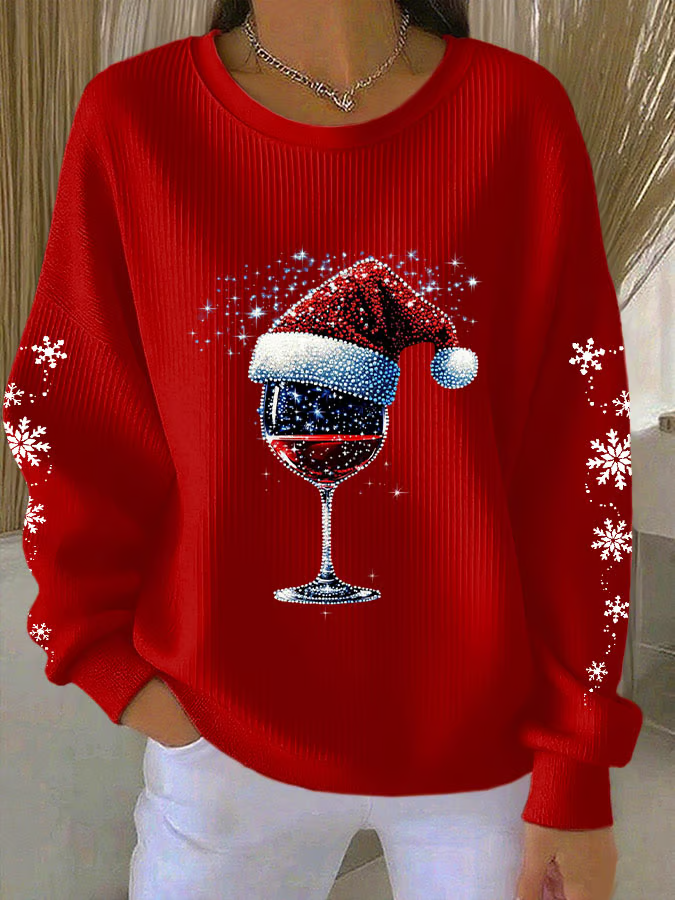 Casual Christmas Wine Glass Crew Neck Sweatshirt