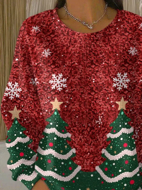 Christmas Tree Crew Neck Loose Casual Sweatshirt