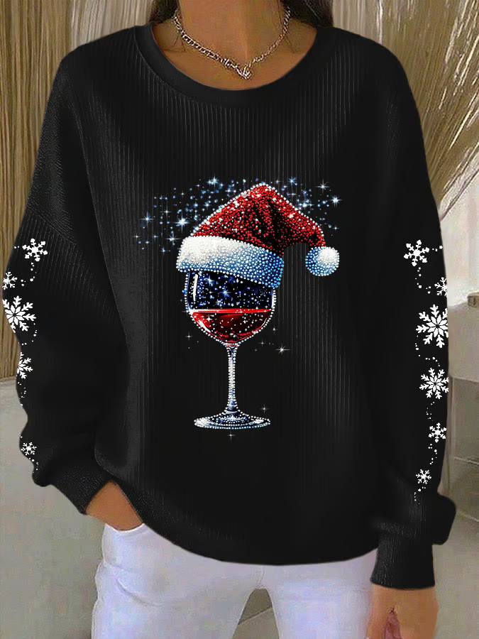Casual Christmas Wine Glass Crew Neck Sweatshirt
