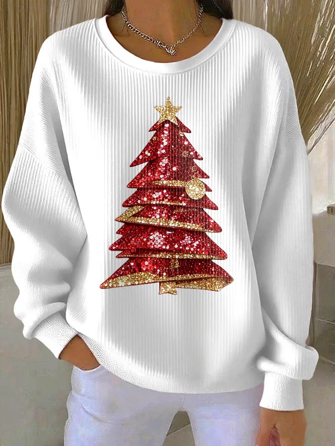 Printing Loose Casual Christmas Tree Sweatshirt