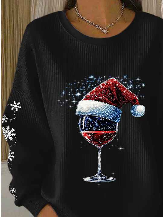 Casual Christmas Wine Glass Crew Neck Sweatshirt
