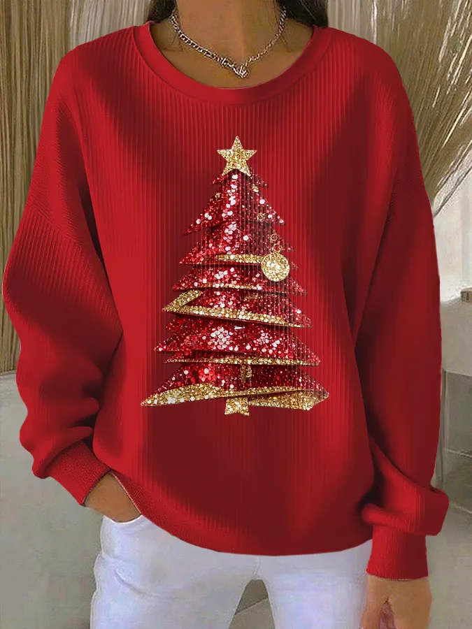 Printing Loose Casual Christmas Tree Sweatshirt