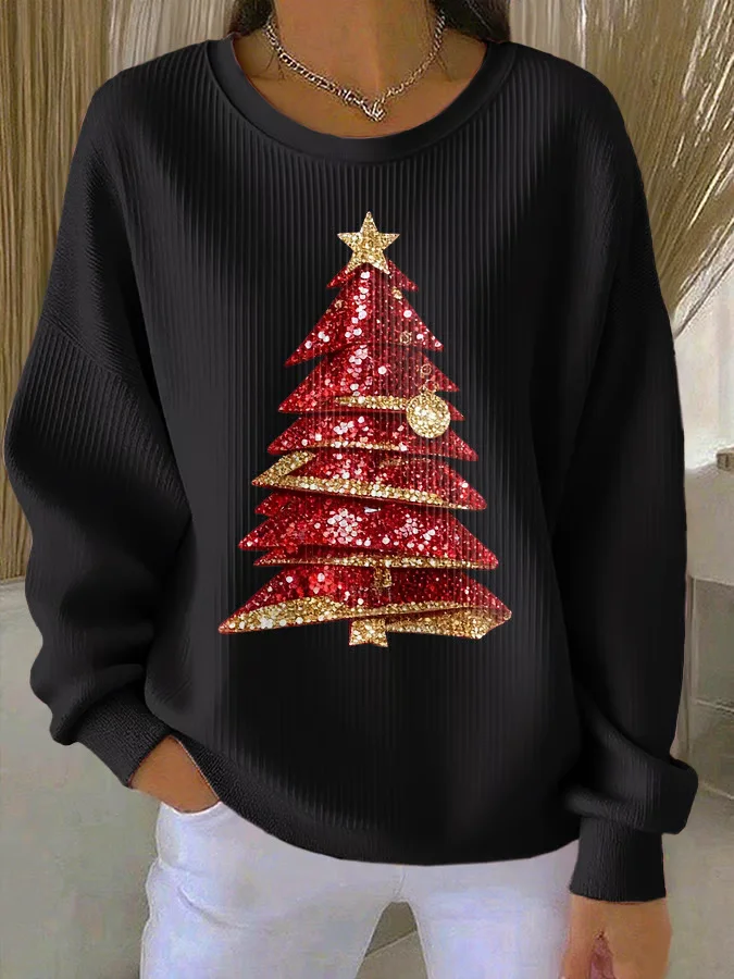 Printing Loose Casual Christmas Tree Sweatshirt