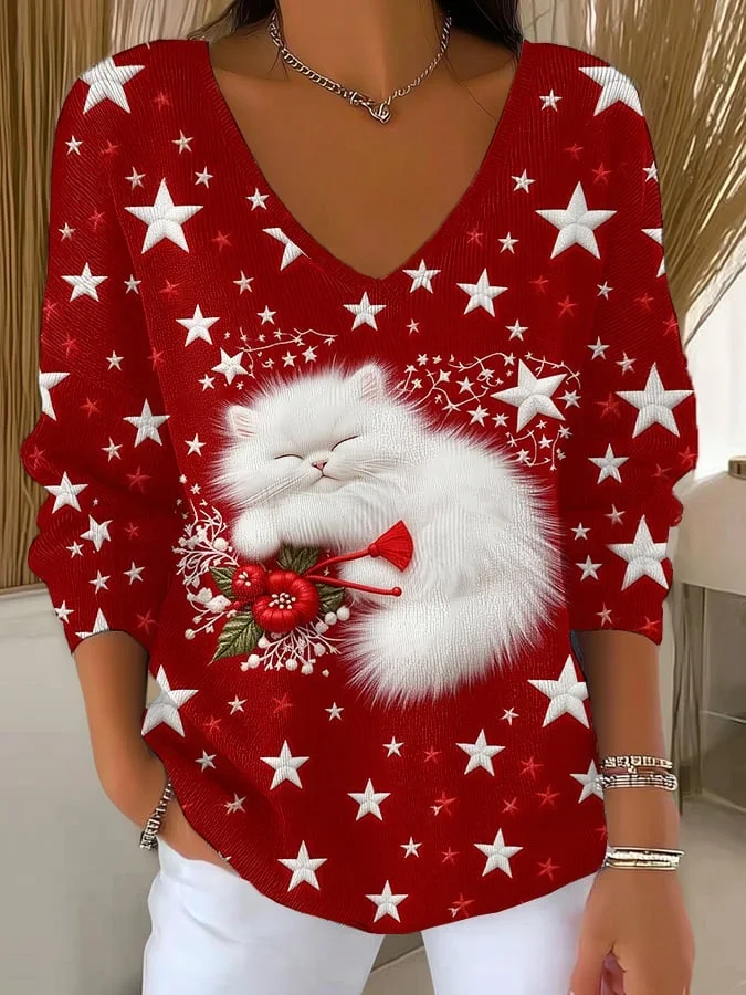 Women's Long Sleeve T-shirt Spring/Fall Red Christmas Printing V Neck Daily Going Out Casual Top