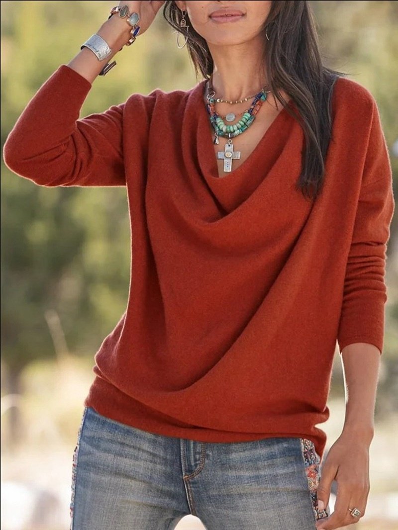 Women's Long Sleeve T-shirt Spring/Fall Wine Red Split Joint Cotton Cowl Neck Daily Going Out Vintage Top