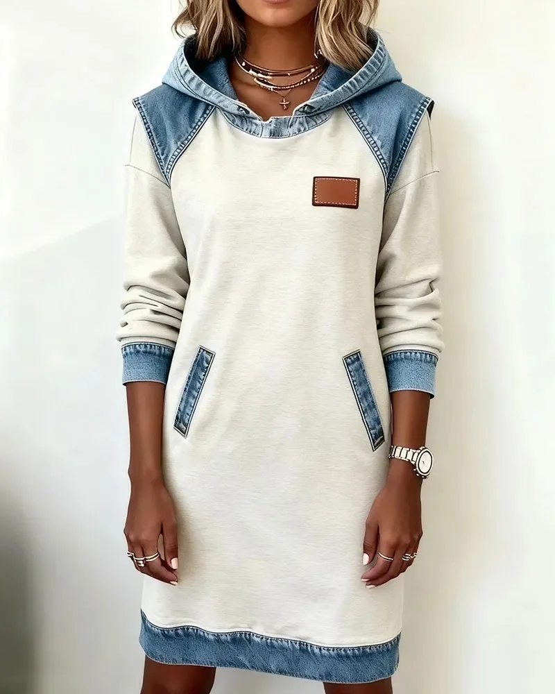 Multicolor Block Hoodie Casual Loose Sweashirt Dress With No