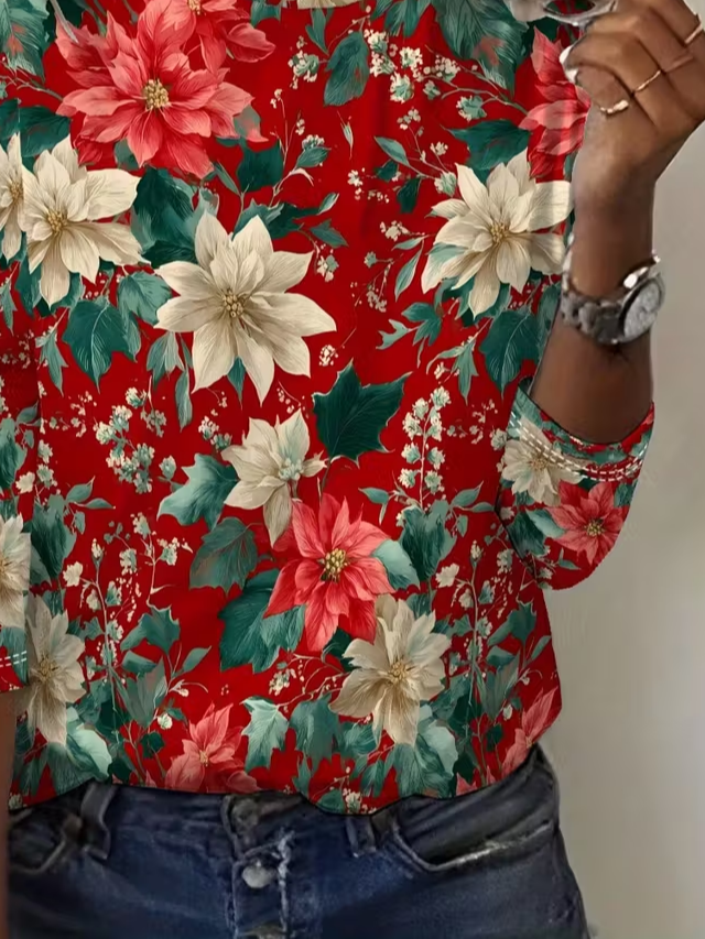 Women's Long Sleeve T-shirt Spring/Fall Red Floral Printing Jersey Crew Neck Daily Going Out Casual Top