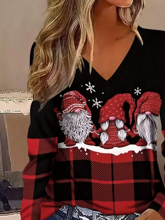 Women's Long Sleeve T-shirt Spring/Fall Black-red Christmas Printing Jersey V Neck Daily Going Out Casual Top