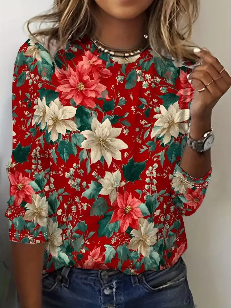 Women's Long Sleeve T-shirt Spring/Fall Red Floral Printing Jersey Crew Neck Daily Going Out Casual Top