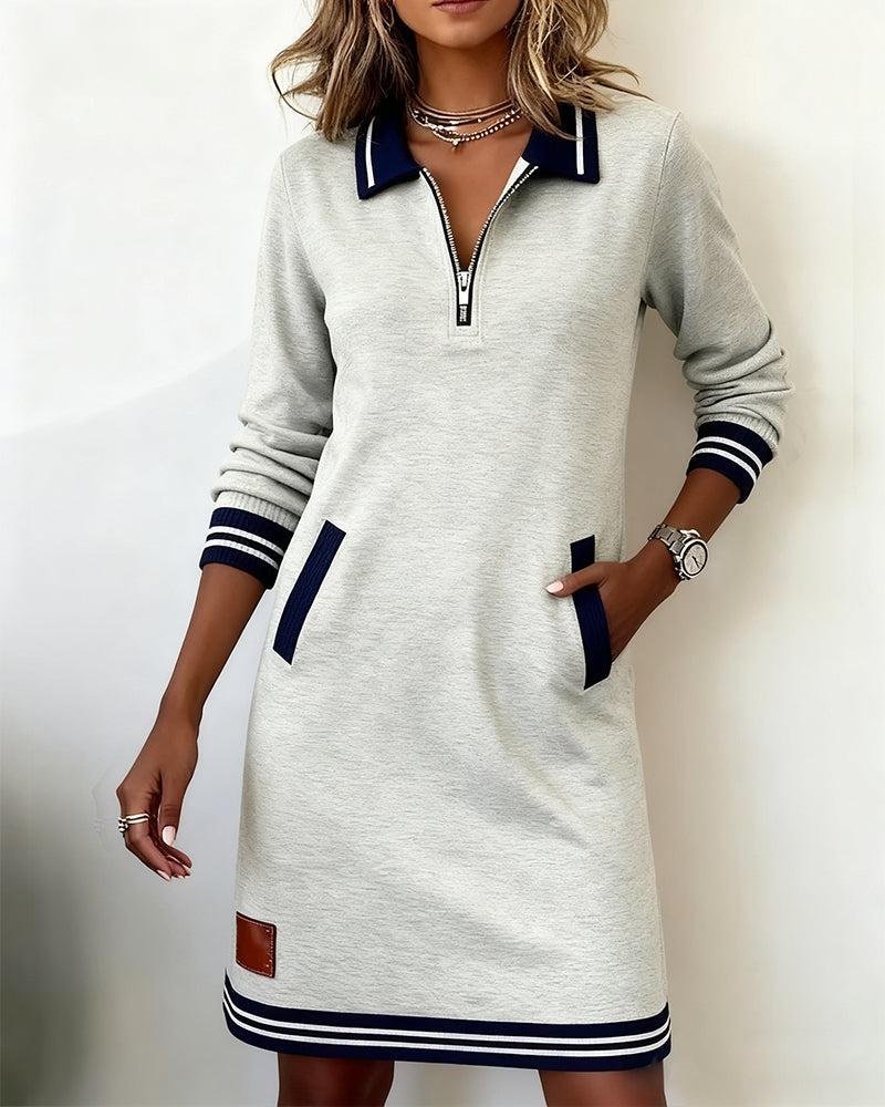 Multicolor Block Shawl Collar Casual Loose Dress With No