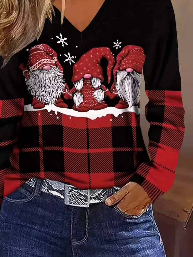 Women's Long Sleeve T-shirt Spring/Fall Black-red Christmas Printing Jersey V Neck Daily Going Out Casual Top