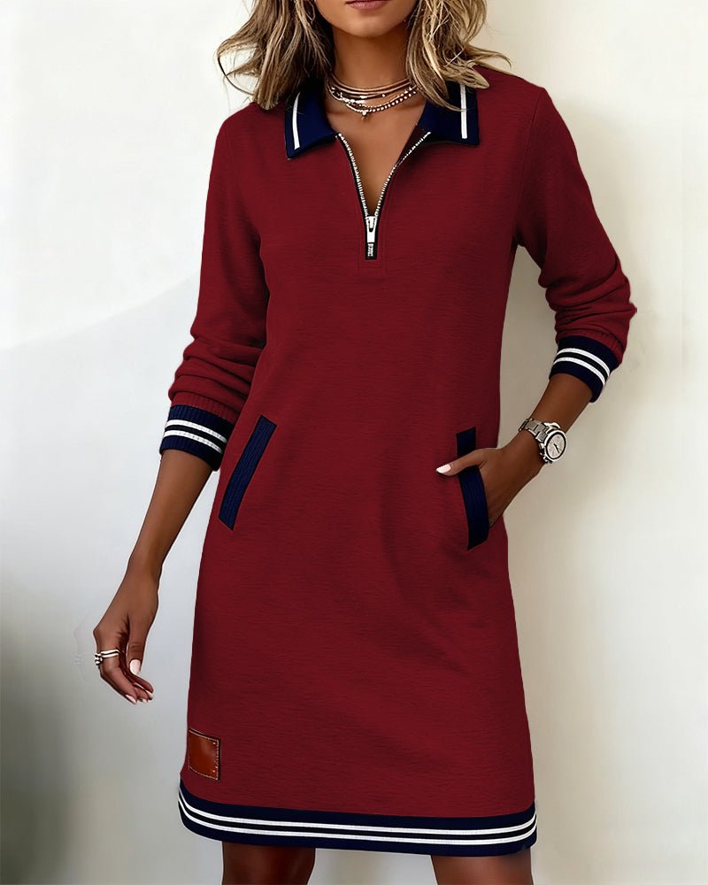 Multicolor Block Shawl Collar Casual Loose Dress With No