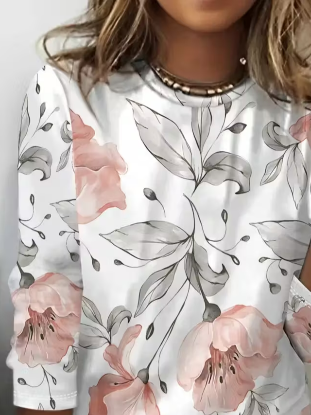 Women's Long Sleeve T-shirt Spring/Fall White Floral Printing Jersey Crew Neck Daily Going Out Casual Top